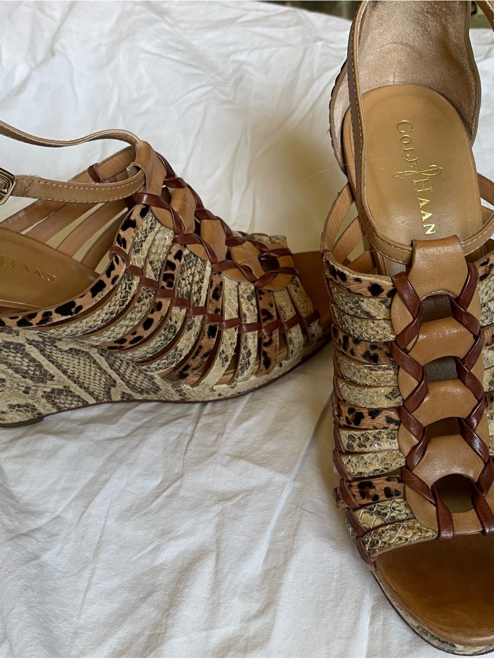 Cole Haan Tan & Brown Leather Wedge Sandals with Animal Print